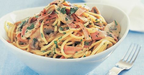 Delicious pieces of ham add a meaty touch to this hearty pasta dish. Ham Spaghetti, Ham And Mushroom Pasta, Xmas Ham, Mushroom Spaghetti, Spaghetti Recipe, Sliced Ham, Mushroom Pasta, Ham Recipes, Spaghetti Recipes