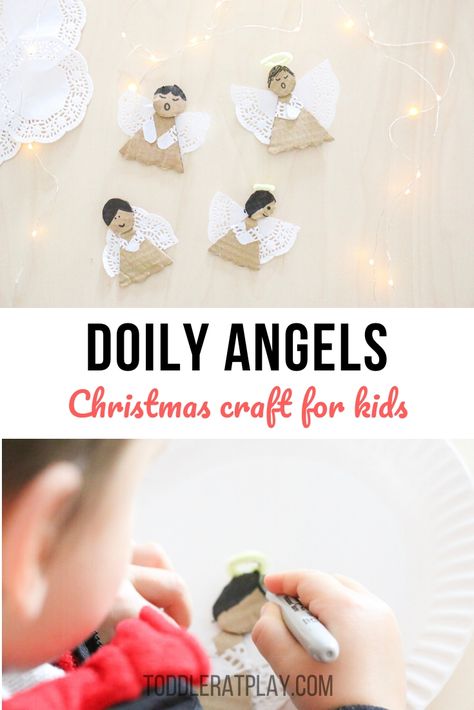 This Doily Angels craft is really simple to make, involving easy steps that even toddlers could follow. #doilycrafts #angelcraft #doilyangels #christmascraftsforkids #christmascrafts Angel Crafts For Kids Christmas, Angels Made Out Of Doilies, Angel Ornament Crafts For Kids, Angel Tree Topper Diy Kids, Doilie Angel Craft, Doily Angel Tree Topper, Christmas Angel Crafts, Creative Playground, Diy Upcycling