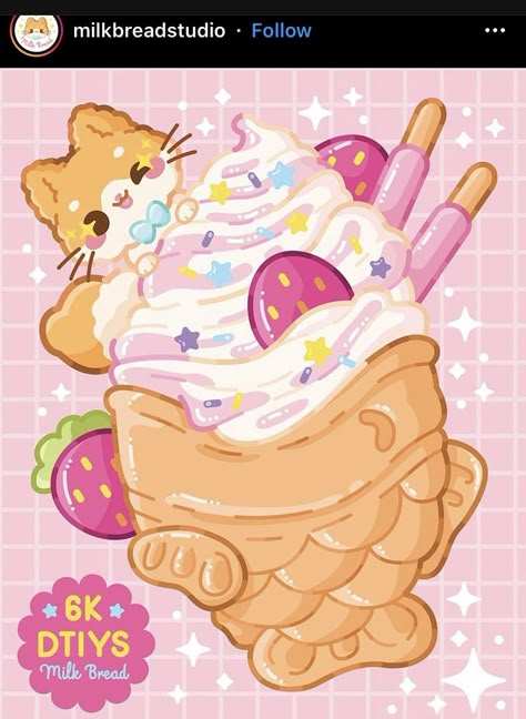 Cute Snacks Drawing, Taiyaki Ice Cream, Cute Cartoon Food, Kawaii Sweets, 귀여운 음식 그림, Winner Announcement, Milk Bread, Food Illustration Art, Cute Food Drawings