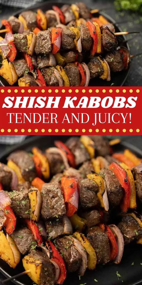 Classic shish kabobs are the perfect meal to enjoy for dinner and perfect for parties too! These shish kabobs are easy to make in the oven or on the grill. The marinade on these shish kabobs are the best - everyone will love it! #eatingonadime #shishkabobs #beefrecipes #grillingrecipes Beef Shish Kebabs Recipes, Shish Kebabs On The Grill, Shish Kabobs In The Oven, Best Shish Kabob Marinade, Steak Shish Kebabs On The Grill, Steak Shish Kabob Ideas, Shush Kabobs, Chicken Shish Kabobs Marinade Recipes, Shiskabob Marinade