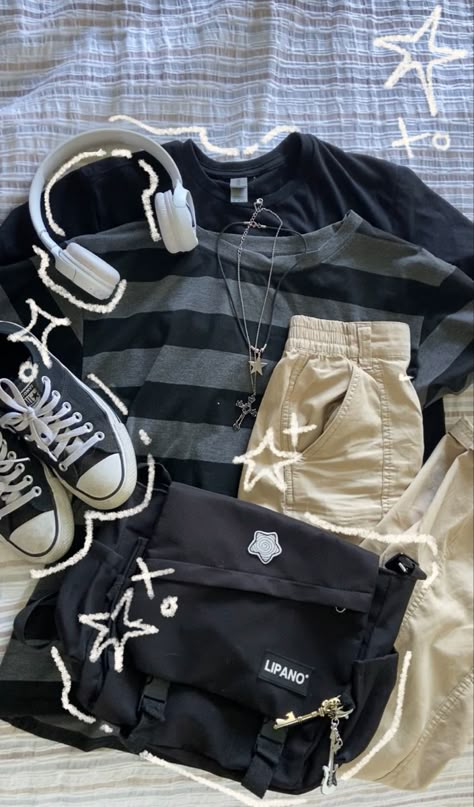 Bag Cargo Pants Outfit, Cool Fits Summer, Outfit With Flannel Shirt, Outfits With Tank Tops For School, Aesthetic Clothes For Boys, Ptv Shirt, Grunge Headphones, Amazon Cargo Pants, Temu Shoes