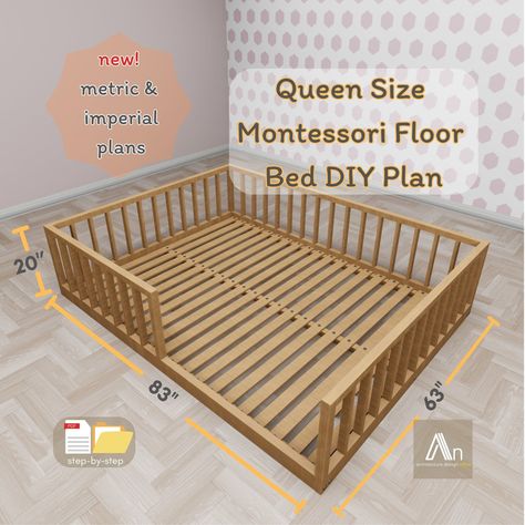 Queen Montessori Floor Bed Build Plan ✨ #toddlergames #toddlers #toddlertoys #firstbirthday #firstbirthdayideas #nurserydecor #nursery #babyroom #babyroomdesign #kidsroom #toddlerroom #montessory #woodentoys #firstbirthdayparty #kidsofinstagram #playroomdecor #woodentoys #imagineplay #playroomdecor #playroomdesign #toddlerapproved #activitiesforkids #education #stemforkids Queen Size Montessori Bed, Montessori Queen Bed, Montessori Floor Bed Diy Queen, Montessori Bed Queen, Diy Floor Bed Frame Queen, Diy Floor Bed Queen, Montessori Floor Bed Diy Plans, Diy Floor Bed Frame, Diy Toddler Floor Bed