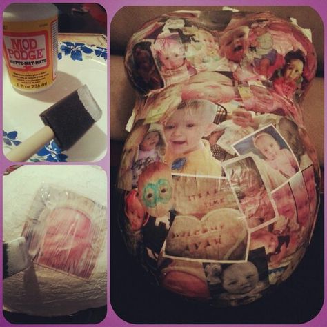 Belly cast decoupage photo collage Belly Cast Ideas, Belly Casting, Baby Belly, Future Mom, Reveal Ideas, Birth Announcements, Nursery Ideas, Creative Crafts, Gender Reveal