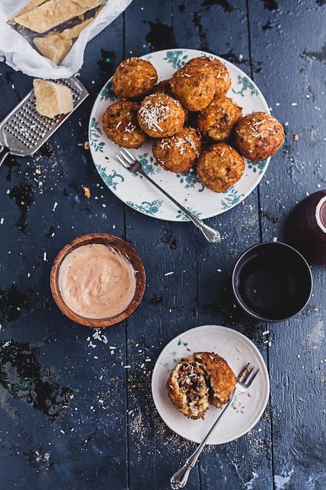 Mushroom Arancini | Playful Cooking Arancini Photography, Mushroom Arancini, Mushroom Ideas, Arancini Recipe, Croquettes, Rice Dishes, Italian Food, Finger Food, Appetizer Snacks