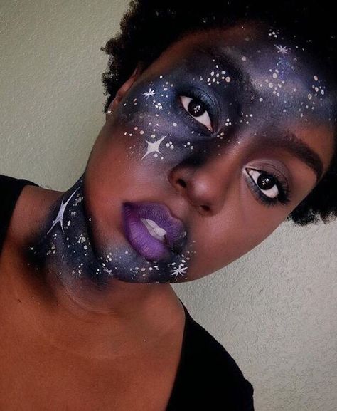 Embedded image Alien Fancy Dress, Cosmic Makeup, Adult Face Painting, Goddess Makeup, Space Makeup, Galaxy Makeup, Creepy Halloween Makeup, Witch Makeup, Face Art Makeup