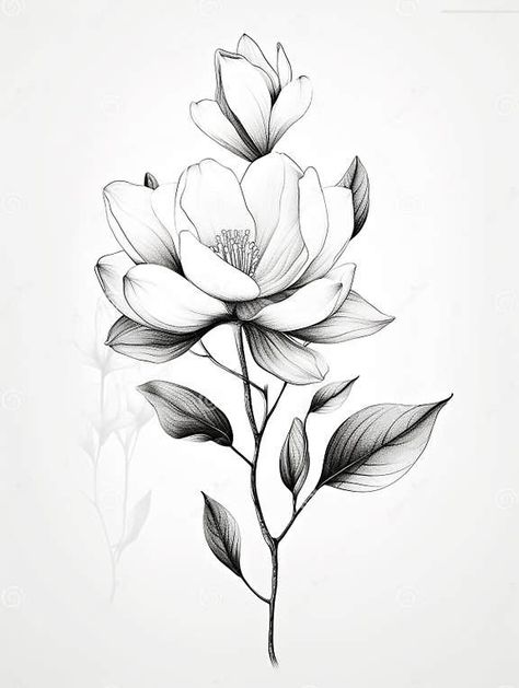 Leafs And Vines Drawing, Magnolia Flowers Drawings, Fine Line Magnolia Flower Tattoo, Magnolia Blossom Drawing, Magnolia Flower Line Drawing, Magnolia Flower Sketch, Magnolia Flower Illustration, Magnolia Botanical Illustration, Magnolia Flower Tattoo Designs