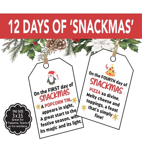 12 Days of Christmas - fun and festive tags for snacks! 12 Days of Christmas Tags, Printable Twelve Days of Christmas Gift Tags, Snackmas Neighbor, Co-Worker, Friend, Teens, Teacher Christmas Tags Celebrate the holiday season in a scrumptious and delightful way with our Snackmas Countdown Tags! These unique tags are designed to bring a fun twist to the classic "12 Days of Christmas" tradition. Each tag is specially crafted to make your holiday countdown extra special and delicious. Mix and match Christmas Morale Boosters At Work, 12 Days Of Christmas Ideas For School Teachers And Staff, 12 Days Of Christmas For Staff, 12 Days Of Christmas Ideas For Staff, 12 Days Of Christmas Ideas For Work, 12 Days Of Christmas Tags, Christmas Tags Printable, Holiday Countdown, Christmas Tradition