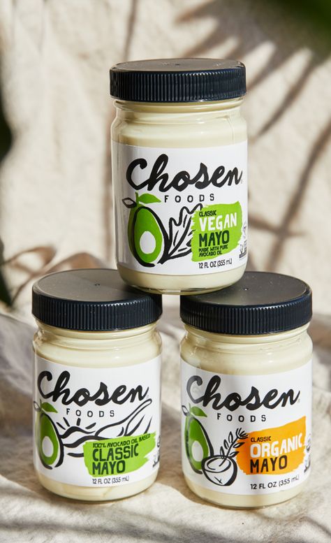 Classy product labels by Chosen Foods for their line of flavored mayonnaises. Mayonnaise Packaging Design, Mayo Packaging, Mayonnaise Packaging, Label Illustration Design, Food Label Design, Raw Nuts, Tomato Jam, Jar Packaging, New Branding