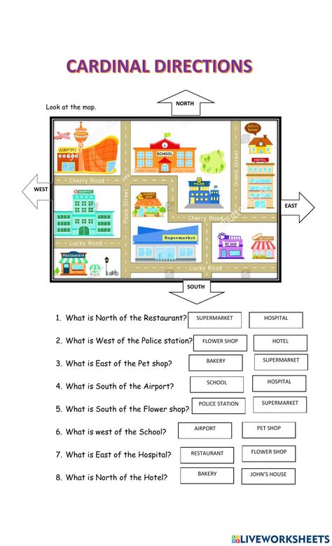 Maps And Directions Worksheet, Cardinal Directions For Kids, Cardinal Directions Worksheet, Directions Worksheet For Kids, Map Worksheets For Kids, Giving Directions Map, Cardinal Directions Activity, Giving Directions Worksheet, Directions Worksheet