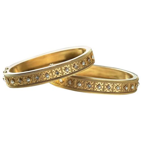 Victorian Matched Set of Pearl Diamond Gold Bangle Bracelets | From a unique collection of vintage bangles at https://www.1stdibs.com/jewelry/bracelets/bangles/ Victorian Style Yellow Gold Bangle Gift, Victorian Gold Bangle For Weddings, Victorian Style Gold Hallmarked Bangle, Luxury Gold Victorian Bangle, Victorian Gold Hallmarked Bangle, Pearl Jewels, Pearl Bangle, Antique Bracelets, Vintage Bangles