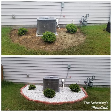 Mobile Home Outside Landscaping, Pavers Around Ac Unit, Trash Can Landscaping, East Front Yard Landscaping, Diy Simple Landscaping Ideas, Flower Beds In Front Of Double Wide, Generator Landscaping Ideas, River Rock Flower Beds In Front Of House, Ac Unit Landscaping Rocks