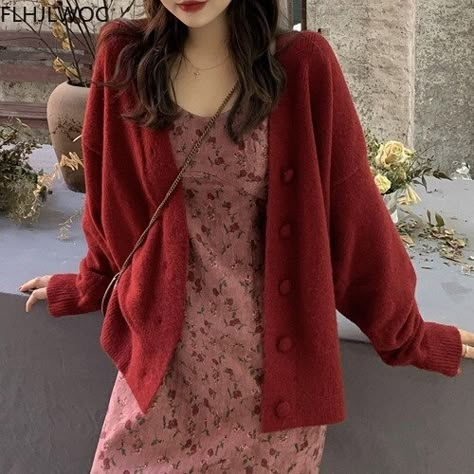 Smarter Shopping, Better Living! Aliexpress.com Dress And Cardigan, Red Knit Sweater, Day Outfits, Elegant Ladies, Elegante Casual, Valentine's Day Outfit, Korean Outfits, Looks Vintage, Outfits Casuales