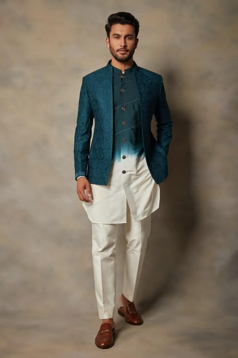 Shop for Gargee Designers Blue Cotton Silk Embroidered Bandhgala And Kurta Set for Men Online at Aza Fashions Jodhpuri Suits With Kurta For Men, New Kurta Design For Men 2023, Kurta Set For Men Wedding, Open Jacket Kurta Men, Open Sherwani Men, New Kurta Design For Men, Designer Kurta For Men, Embroidered Bandhgala, Blue Jacket Style