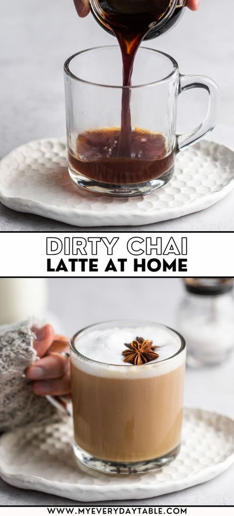 Make a dirty chai latte at home with this easy recipe! This espresso drink combines coffee and tea in a warm and cozy way that is incredibly delicious. If you love ordering this drink at your favorite coffee shop, then you have to try making your own with this simple recipe. It's budget-friendly and absolutely delicious! Chia Latte Recipe, Chai Coffee Recipe, Dirty Chai Latte Recipe, Chia Tea Latte Recipe, Dirty Chai Latte, Espresso Drink Recipes, Chai Tea Latte Recipe, Espresso Drink, Chai Latte Recipe