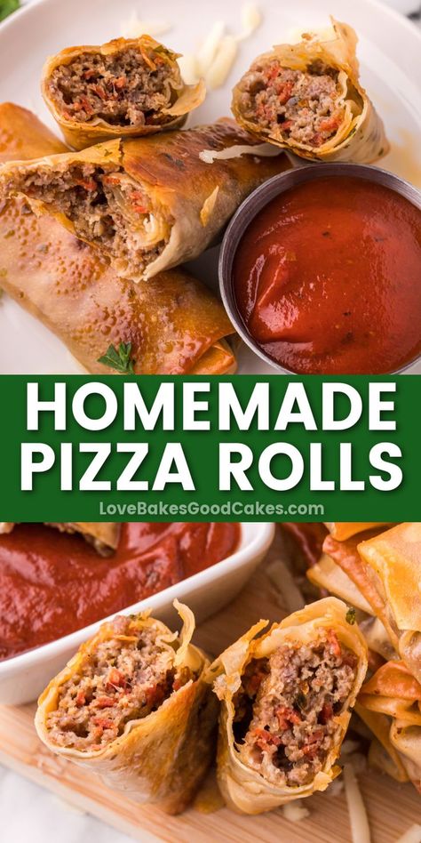 homemade pizza rolls pin collage Pizza Rolls Recipe, Rolls Recipe Easy, Homemade Pizza Rolls, Pizza Roll Recipe, Simple Snacks, Awesome Appetizers, Pizza Making, Easy Homemade Pizza, Egg Roll Wrappers