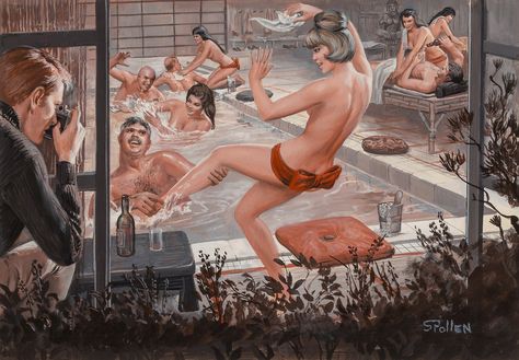 Pulling Her Leg. Samson Pollen illustration for Stag magazine (August 1970). (Is that mailman Cliff Clavin from Cheers?) Action Illustration, Pulp Cover Art, Anthony Browne, Betty Brosmer, Ann Angel, Alison Angel, Alex Toth, Art Anatomy, Pulp Covers