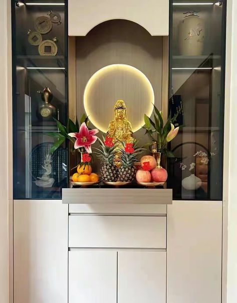 Pooja Unit With Storage, Mandir With Storage, Pooja Unit, Puja Mandir, Altar Design, Crockery Unit, Mandir Design, Temple Design For Home, Pooja Room Door Design