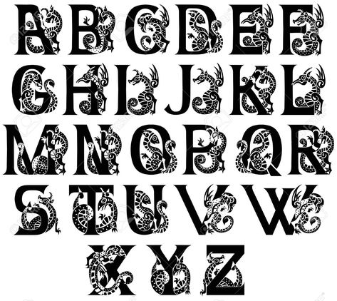 medieval alphabet with gargoyls and chimeras Stock Vector - 21645390 Illuminated Letters Medieval, Pictures Of Letters, Dragon Alphabet, Medieval Alphabet, Medieval Font, Free Monogram Fonts, Free Monogram, Alphabet Clipart, Alphabet Fonts