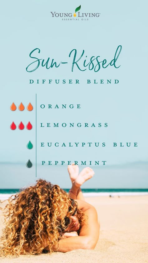 Breathe in the aroma of Orange and Lemongrass boosted by the invigorating, sharp scent of Peppermint and Eucalyptus Blue in this Sun-Kissed essential oil diffuser blend. #summerblend #diffuserblends #yleo #essentialoils Essential Oil Combinations, Essential Oils 101, Essential Oil Diffuser Blends Recipes, Magia Das Ervas, Young Living Essential Oils Recipes, Essential Oil Diffuser Recipes, Oil Diffuser Recipes, Yl Essential Oils, Essential Oil Blends Recipes