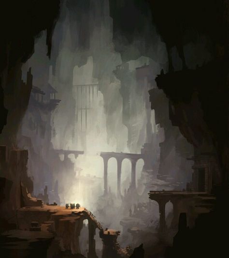 Ancient City Ruins Concept Art, Cave Ruins Concept Art, Abandoned Underground City Fantasy Art, Dwemer Ruins Concept Art, Underground Ruins Fantasy Art, Fantasy Underground Ruins, Fantasy Ruins Art, Fantasy Cave Art, Cave City Fantasy Art