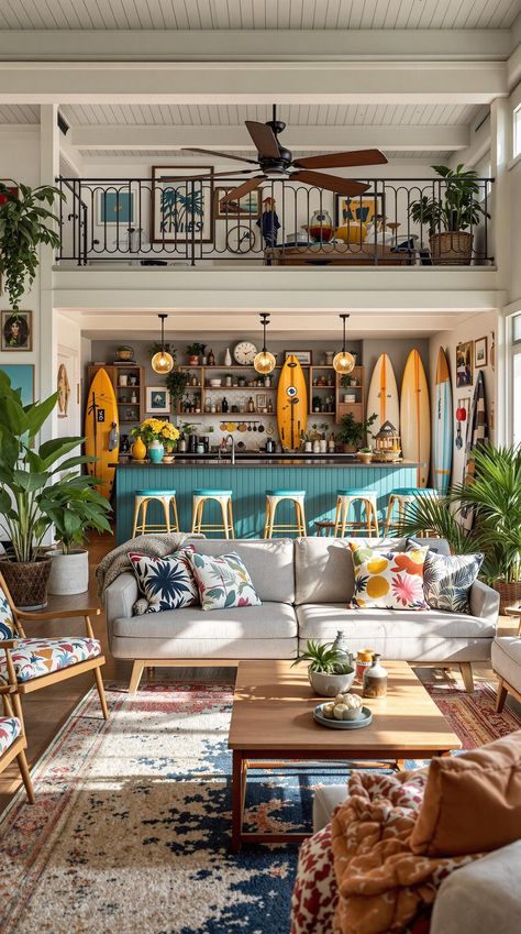 California Coastal Interior Design Costal Aesthetic Living Room, Tropical Beach Living Room, Retro Beach House Interior, Coastal Vacation Home, Caribbean Style Homes Interior Design, Old Florida Interior Design, Funky Beach House, Surfer House Interior Design, California Home Aesthetic