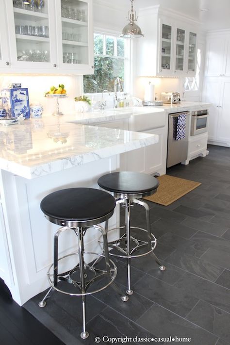 Staggered Tile Floor Kitchen Selections, Floor Vinyl, Color Tiles, Slate Floor, Marble Counters, Gray Floor, House Country, Cabinets White, Farmhouse Kitchen Cabinets