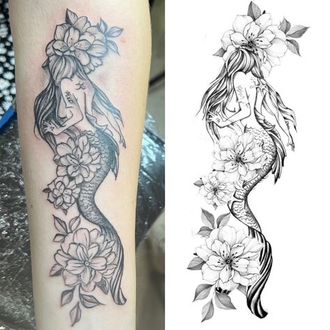 Flower Mermaid Tattoo, Mermaid Flowers Tattoo, Mermaid And Flower Tattoo, Mermaid Tattoo With Flowers, Mermaid Flower Tattoo, Under Water Tattoo Ideas, Trippy Tattoos For Women, Womens Forearm Tattoo, Ocean Flower Tattoo