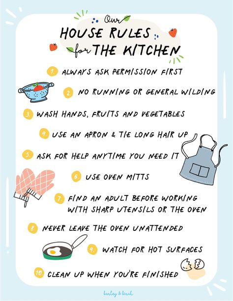 A list of kitchen rules for kids Home Economics Lessons Life Skills, Kitchen Safety Worksheets, Kitchen Rules Printable, Kitchen Safety Rules, Safety Worksheets, Safety Poster, Rules For Kids, Kitchen Safety, Cooking Measurements