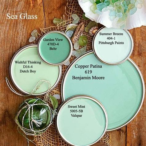 Patina colored paints.💙 Sea Glass Paint Colors, Seaglass Paint, Teal Images, Sea Glass Paint, Shades Of Green Paint, Beach Paint Colors, Bathroom Color Palette, Paint Bathroom, Interior Paint Colors Schemes