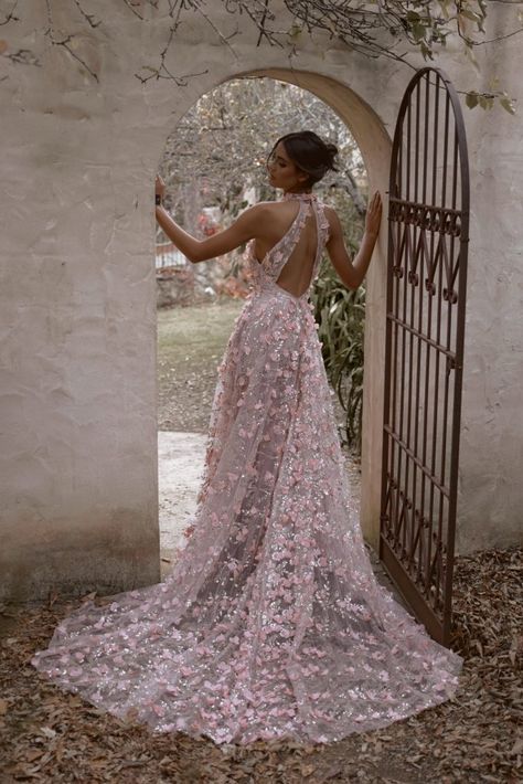 Brunette bridal model wearing feminine bridal gown with pink embellishments in 3D lace and cut outs for a modern wedding dress design. Sheer Bridal Gown, Red Bridal Gown, Bride Things, Anna Campbell Bridal, Australian Bridal Designers, White Bridal Gown, Stylish Gown, 2025 Wedding, Wedding Inspirasi