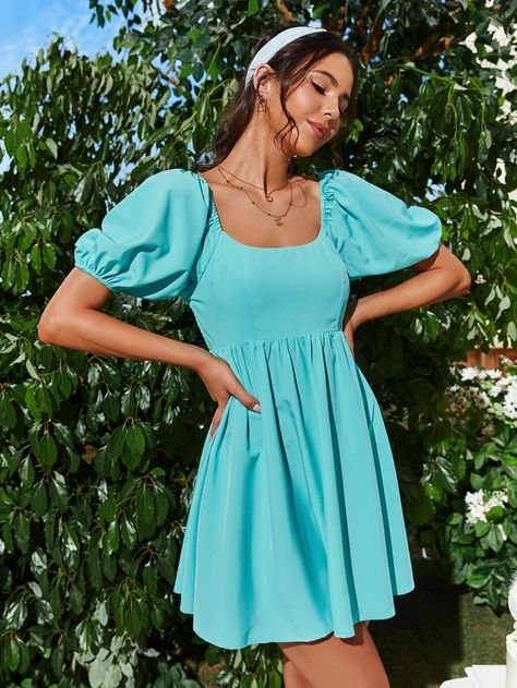 Puff Sleeve Shirred A-line Dress Turquoise Dress Casual, Light Teal Dress, Turquoise Blue Dress, Turquoise Dress, Blue Dress Casual, Teal Dress, Mint Blue, Dance Dresses, Women Dresses