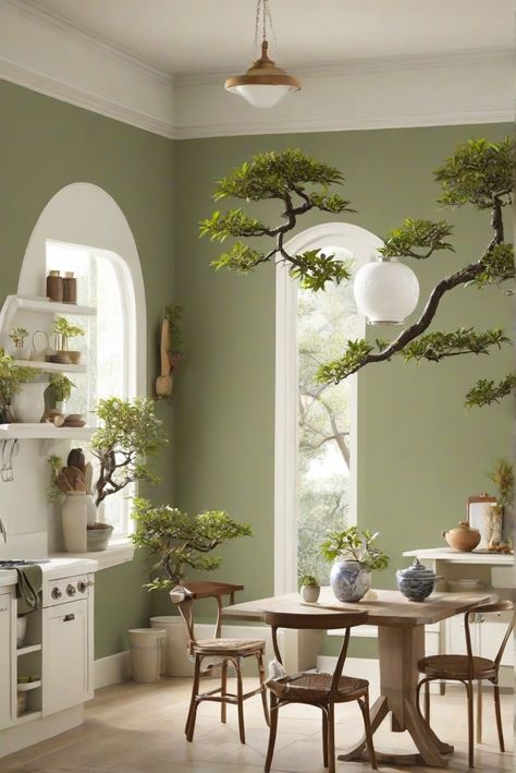 BONSAI wall paint, interior design, kitchen designs, home decorating Ranch Makeover, Light Oak Floors, Sage Green Kitchen, Green Kitchen Cabinets, Muted Green, Green Cabinets, Painted Wall, Matching Paint Colors, Kitchen Paint