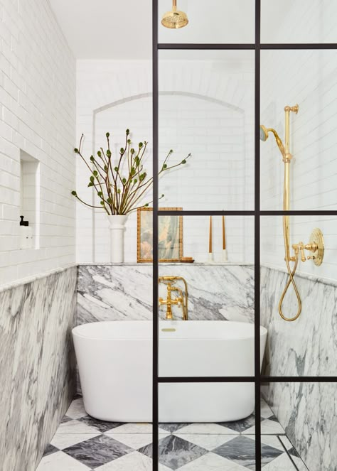 2021 Bathroom Trends, Brick Bathroom, Vanessa Carlton, Soho Loft, Sarah Sherman Samuel, Loft Bathroom, Loft Interior Design, Gold Fixtures, Loft Interiors