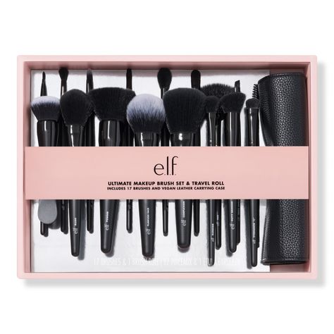 Ultimate Makeup Brush Set & Travel Roll -  The Ultimate Makeup Brush Set & Travel Roll includes some of e.l.f. Cosmetics most iconic brushes to apply every step of your makeup, from primer to setting powder to complexion and even eyes for a wide range of gorgeous looks. The perfect set when your makeup brush travel case needs an overhaul.    Benefits     The ultimate makeup brush collection includes 17 must-have brushes Travel-friendly vegan leather brush roll Professional quality FSC-certified Elf Brushes, Elf Makeup Brushes, Best Makeup Brushes, Face Makeup Brush, Elf Cosmetics, Elf Makeup, Makeup Needs, Brush Kit, Makeup Items