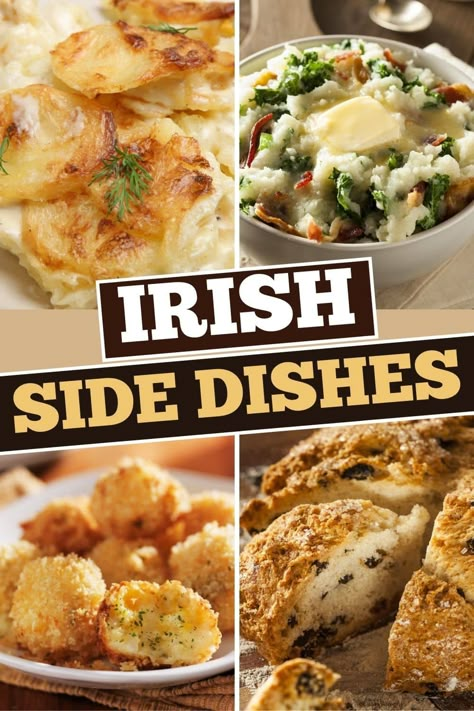 These classic Irish side dishes are the perfect complement to your meal. From colcannon to soda bread to cabbage and bacon, give your sides an Irish makeover. Irish Food Potluck, Pub Side Dishes, Irish Potato Salad Recipe, Sides For St Patricks Day, St Pattys Side Dish, Scottish Side Dish Recipes, Irish Sides Recipes, Easy Irish Recipes Simple, Saint Patrick’s Day Side Dishes