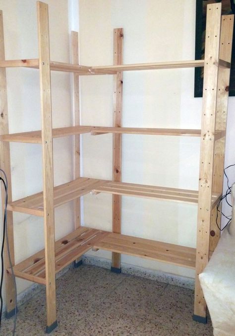 HEJNE Corner Shelf Unit in one easy step Corner Floor Shelf, Diy Corner Storage Shelves, Diy Corner Pantry Shelves, Easy Corner Shelves Diy, Ikea Ivar Corner, Ivar Corner Shelf, Corner Shelves Diy, Ikea Hejne, Bat Decorations On Wall