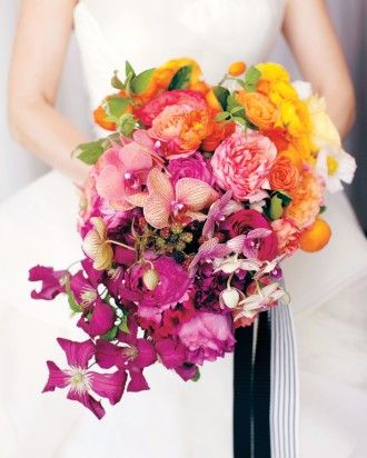 One Vibrant Bouquet Garden Rose Bouquet Wedding, Orchid Bouquet Wedding, Garden Rose Bouquet, Colorful Wedding Bouquet, Cascading Wedding Bouquets, Vibrant Bouquet, Summer Wedding Bouquets, Wedding Bouquets Pink, Orchid Wedding