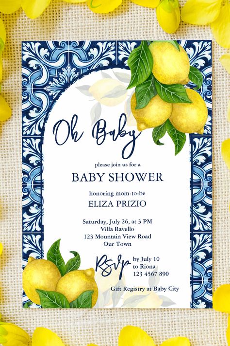 Blue tiles and lemon Amalfi Positano oh baby baby shower Invitation template, available as digital download or high quality prints on variety of papers Italian Baby Showers, Gender Neutral Invitations, Italian Theme, Gender Neutral Baby Shower Invitations, Blue Tile, Baptism Invitations, Oh Baby, Blue Tiles, Gender Neutral Baby Shower