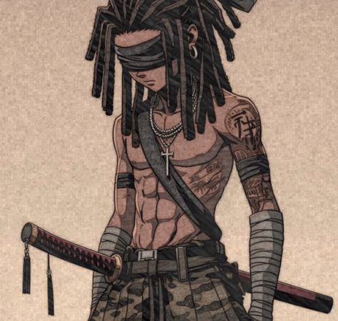 Black Samurai Drawing, Spiderman With Dreads, Dreadlock Character Design, Arcane Oc Male, Black Anime Hairstyles, Black Anime Guy Pfp, Black Anime Characters Dreads, Black Hairstyles Art, Black Anime Characters Male