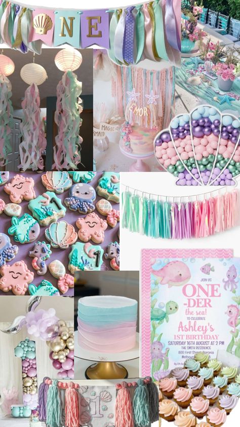 Under the Sea ocean mermaid themed birthday #firstbirthday #partyinspo #underthesea #ocean #mermaidparty #pastel #girlbirthday Pastel Ocean Theme Party, Under The Sea Fourth Birthday, Boho Under The Sea Party, Under The Sea Birthday Girl, One See The Sea Birthday, One Under The Sea, Beach Theme First Birthday Party Girl, One Der The Sea First Birthday Girl, Under The Sea 3rd Birthday Party Girl