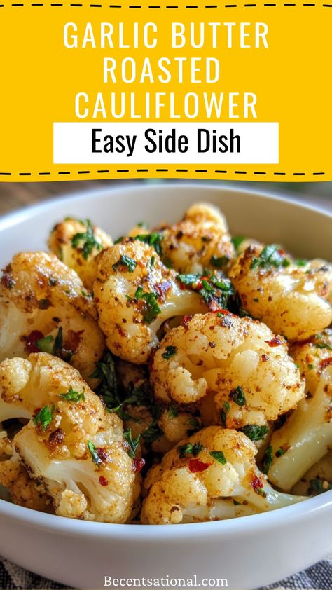 This Garlic Butter Roasted Cauliflower is crispy on the outside, tender on the inside, and packed with rich, buttery garlic flavor! A perfect vegetarian side that’s gluten-free, low-carb friendly, and works for any meal. Whether you're looking for an easy meal or a delicious dinner recipe, save this pin for a flavorful summer recipe! Easy Dinner Sides, Easy Cauliflower, Vegetarian Sides, Easy Side Dishes, Side Dishes Recipes, Summer Recipe, Easy Sides, Thanksgiving Sides, Dinner Sides