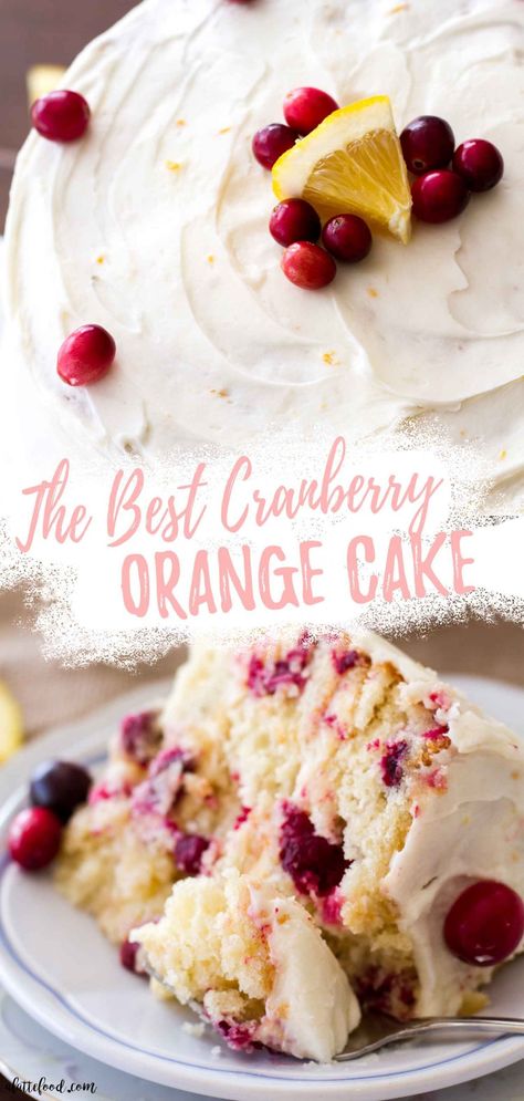 This is the best Cranberry Orange Cake with Orange Cream Cheese Frosting. It’s made from scratch, made with sour cream (so you know this is a moist cranberry cake!), and has such a tender and fluffy texture. It is one of absolute favorite easy dessert recipes, and a holiday dessert we make every year for Thanksgiving and Christmas. Orange Cranberry Bundt Cake Recipe, Cranberry Orange Spice Cake, Cranberry And Orange Cake, Cranberry Orange Cake Easy, Cranberry Orange Cake Taste Of Home, Cranberry Orange Tiramisu, Cranberry Orange Crumb Cake, Cranberry Orange Layer Cake, Cranberry Orange Cake With Cream Cheese Frosting