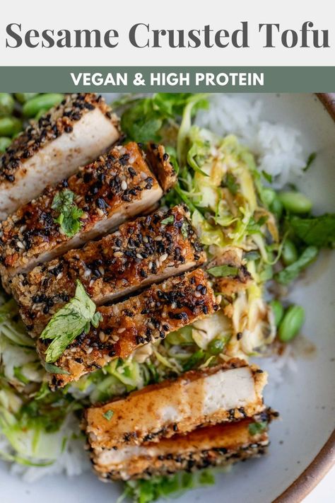 This sesame crusted tofu layers in flavor through the marinade, batter and breading. Extra crispy, packed with protein and flavor. Sesame Crusted Tofu, Rainbow Eating, Protein Entrees, Crusted Tofu, Breaded Tofu, Healthy Vegan Dinner Recipes, 30 Minute Meals Easy, Healthy Vegan Dinner, Shredded Brussel Sprouts