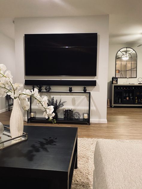 Tv With Sound Bar On Wall Living Room, Console Table With Baskets Under Tv, Narrow Console Table Under Tv, Under Tv Console Table Decorating, Mounted Tv With Console Table, Sofa Table Under Tv, Mounted Tv And Console Table, Soundbar Ideas Living Rooms, Living Room Console Table Decor Under Tv