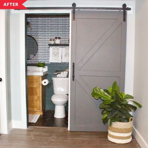 Utility Closet Turned Bathroom | Apartment Therapy Closet To Full Bathroom Conversion, Bathroom With Door To Outside, Bathroom In Garage, Closet Into Bathroom, Standing Shower Bathroom Ideas, Closet To Bathroom Conversion, Moody Modern Bathroom, Modern Bathroom Black, Closet To Bathroom