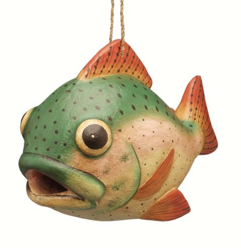 Fishermen are sure to agree that the Trout Shaped Birdhouse is quite the catch! This hand painted birdhouse looks like a real trout. Birds fly in the mouth. Painted Birdhouses, Purple Martin House, Hand Painted Birdhouses, Wood Birdhouses, Wooden Bird Houses, Gourds Birdhouse, Bird Houses Painted, Wood Bird, Non Toxic Paint