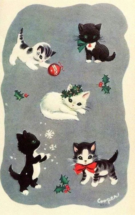 Vintage Christmas Images, Old Christmas, Vintage Christmas Cards, Vintage Greeting Cards, Christmas Illustration, Vintage Cat, Christmas Images, Vintage Holiday, Christmas Aesthetic