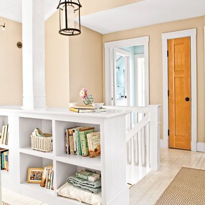 Shelves – 25 Very Cool Ideas for Wall Shelving – Bookcase Stair Railing, Basement Stairs In Middle Of Room, Half Bookshelf, Open Stairs To Basement, Bookcase Nook, Half Wall Staircase, Molding Lighting, Stairs To Basement, Stairs Office