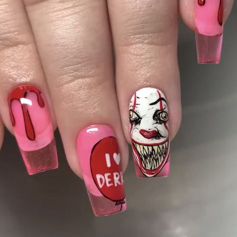 Stephen King IT horror spooky pink halloween drip slime nail art Stephen King Nails, It Nails Stephen King, Pennywise Nails, It Horror, King Nails, It Nails, Stephen King It, Pink Halloween, Artist On Instagram