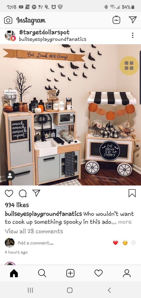 Fall Kitchen Dramatic Play, Halloween Dramatic Play For Toddlers, Halloween Decor Playroom, Daycare Kitchen Ideas Dramatic Play, Halloween Play Kitchen, Play Kitchen Halloween Decor, Halloween Playroom, Pottery Barn Kids Play Kitchen, Fall Invitations